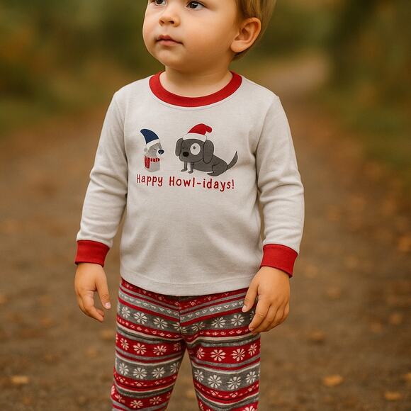 Gymboree Unisex Pajamas Sz 4 Gymmies Howl-idays 2 Pc Red Gray White Dogs - Picture 1 of 14